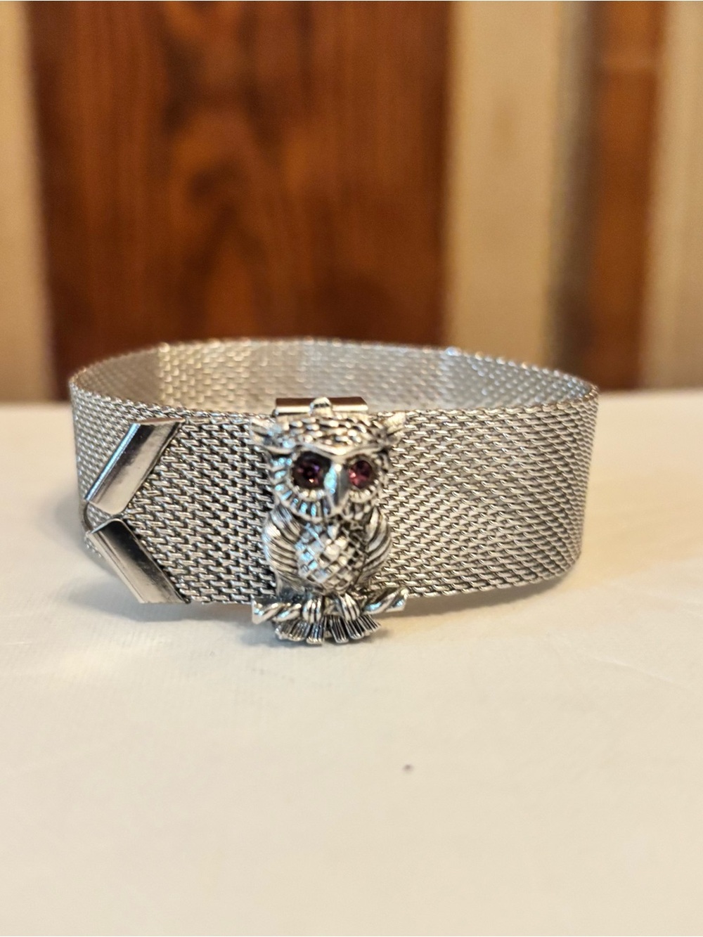 Sarah Coventry Silver Mesh Bracelet with Owl Charm and Purple Stone Eyes